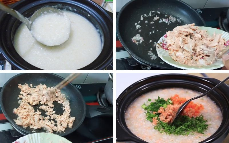 Xào cá hồi và cho vào cháo