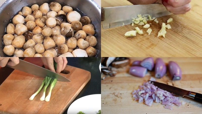 Nấm rơm, hành lá, hành tím và tỏi đã sơ chế