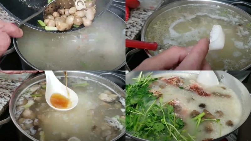 Cho nấm và gia vị vào nồi cháo