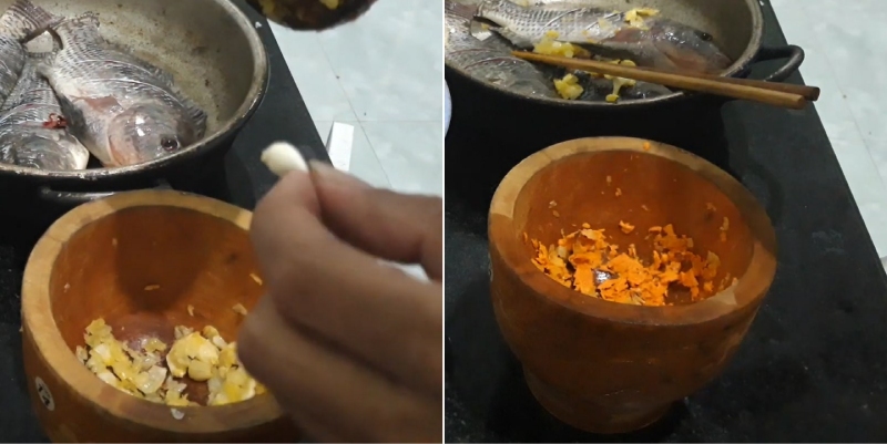 Giã củ nén nghệvà ớt để ướp cá