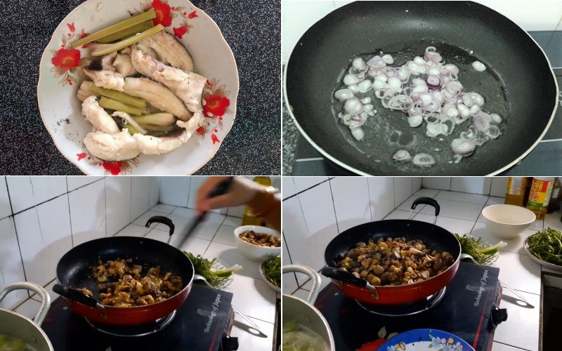 Công đoạn xào cá trê và nấm