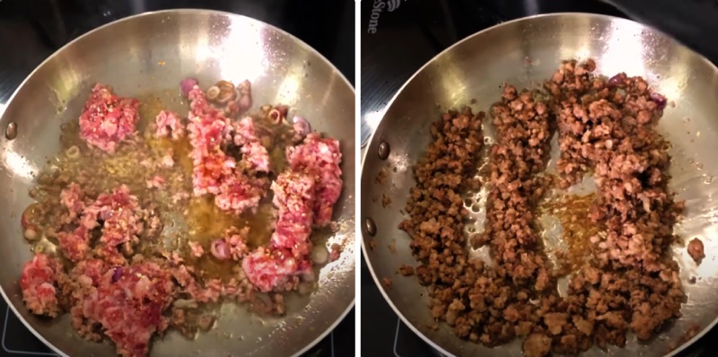 Thịt bằm xào săn trên chảo