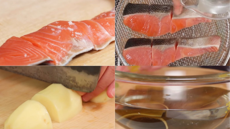 Sơ chế cá hồi, rong biển và đậu phụ