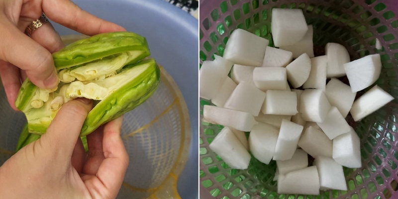 Sơ chế khổ qua và củ cải trắng