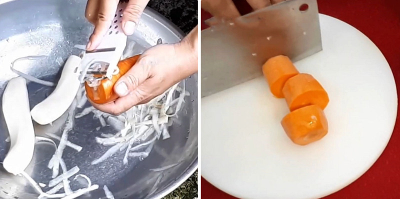 Gọt và sơ chế củ cải trắng, cà rốt