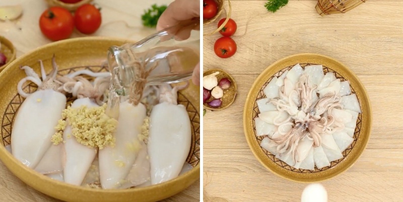 Sơ chế mực tươi với gừng băm và rượu trắng để khử mùi tanh