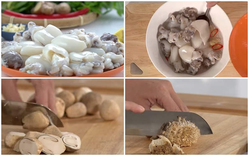 Rửa mực và cắt nấm