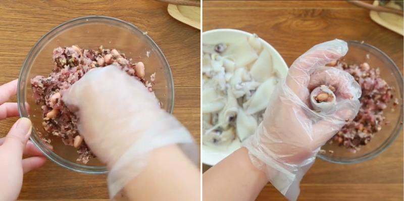 Trộn nhân thịt nấm và nhồi vào mực
