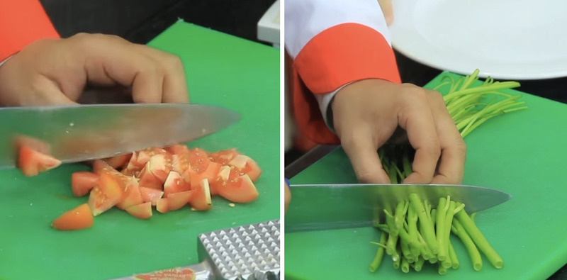 Cắt cà chua và rau muống