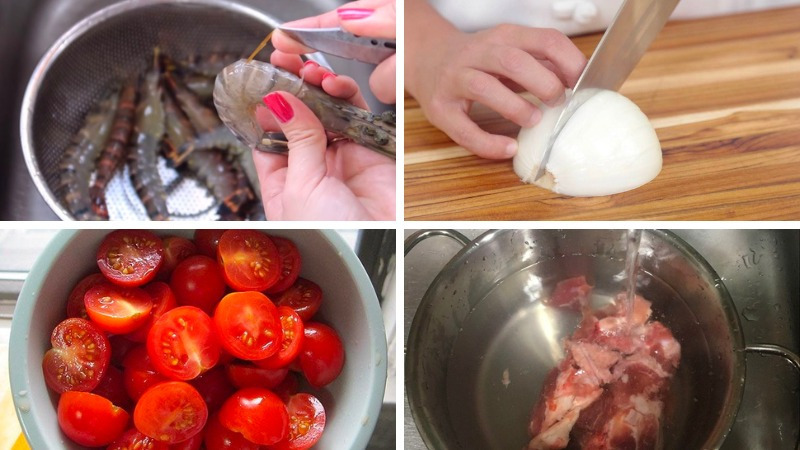 Sơ chế tôm, hành tây và cà chua