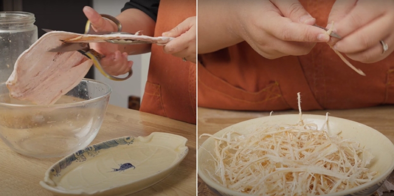 Sơ chế mực khô, xé sợi