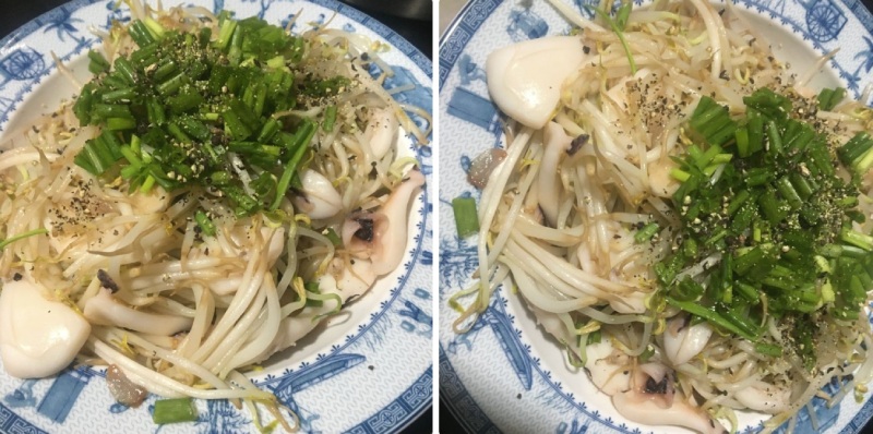 Mực xào giá đỗ với hành lá và tiêu xay