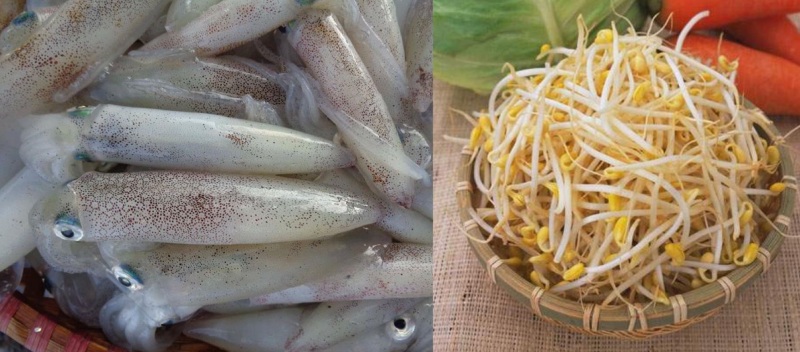 Nguyên liệu mực ống tươi và giá đỗ cho món mực xào giá