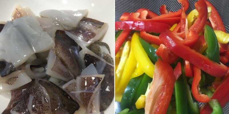 Mực tươi cắt miếng và ớt chuông thái sợi