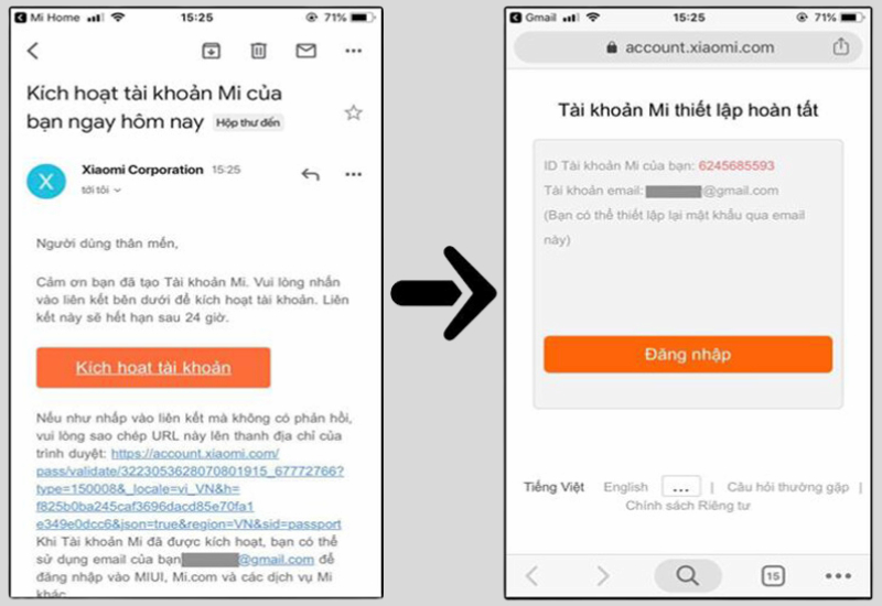 Kích hoạt tài khoản Mi bằng email