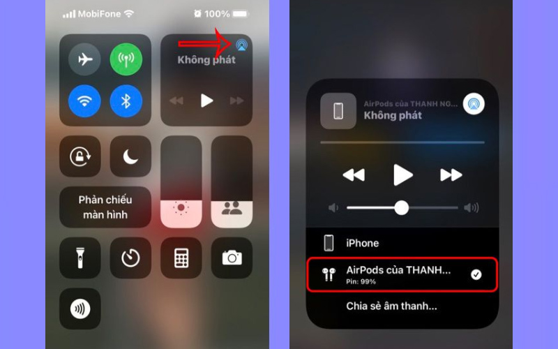 Mở trung tâm điều khiển và kết nối với AirPods thứ nhất