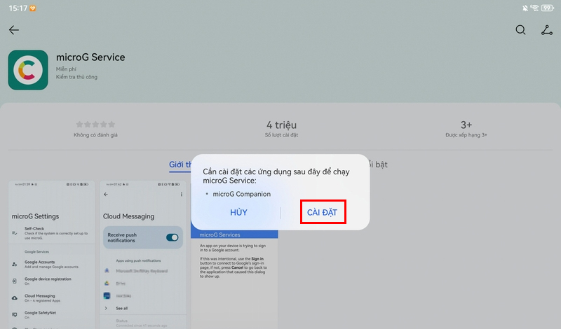 Chọn vào Cài đặt khi được hệ thống yêu cầu tải thêm microG Companion