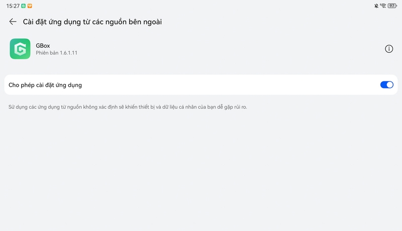Kéo thanh trượt sang phải để cho phép cài đặt ứng dụng từ nguồn bên ngoài