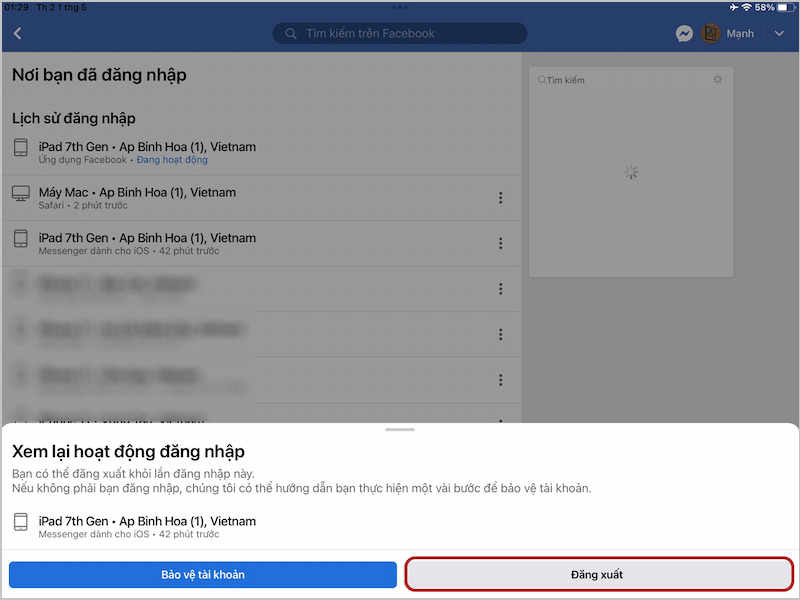 Chọn đăng xuất Messenger trên iPad
