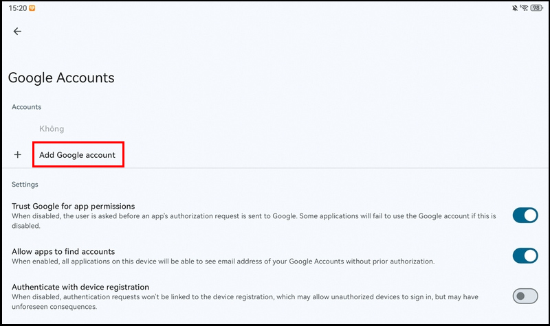 Tiếp tục chọn Add Google account để cài đặt Google
