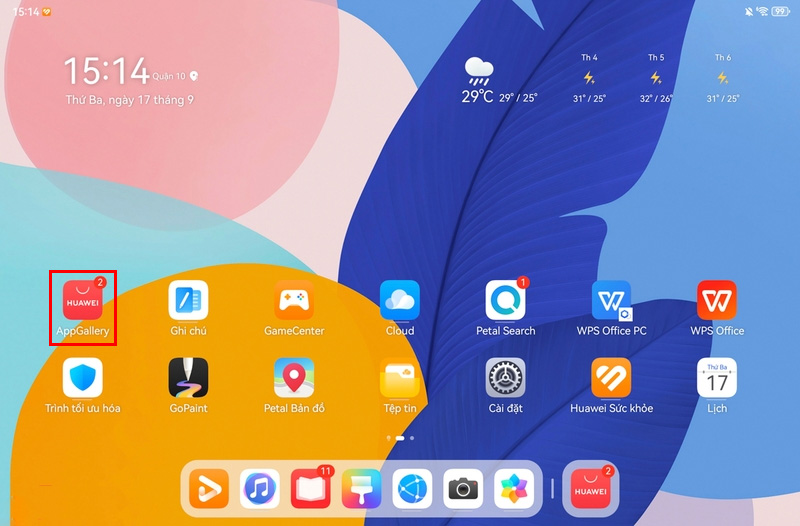 Trên màn hình máy tính bảng Huawei chọn vào AppGallery
