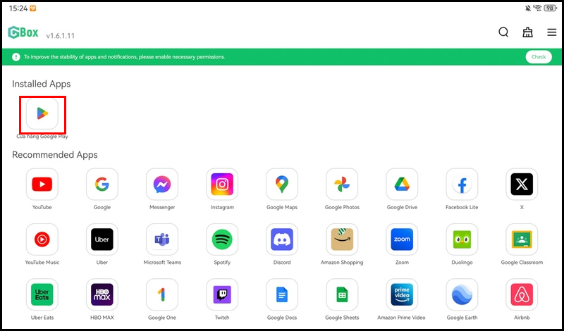 Chọn vào cửa hàng Google Play trong giao diện chính của Gbox