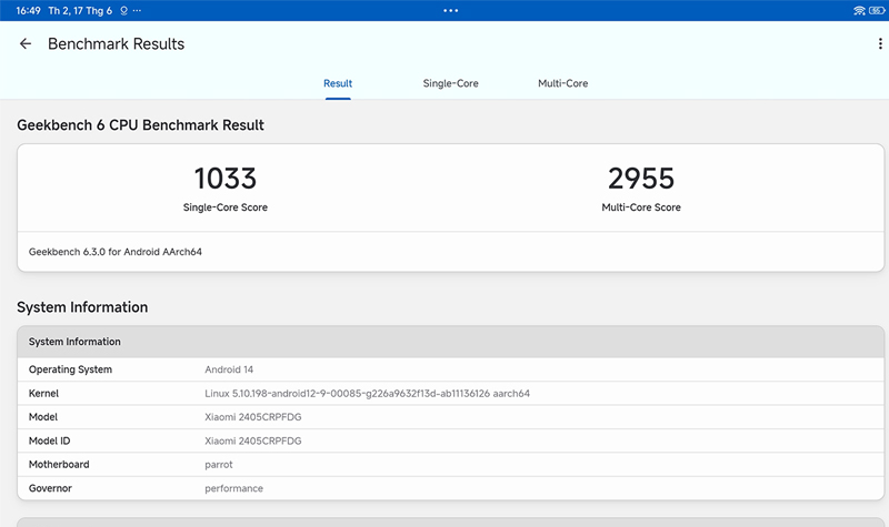 Điểm hiệu năng của Redmi Pad Pro trên phần mềm Geekbench 6