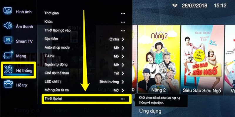 Chọn mục Thiết lập lại để reset tivi TCL