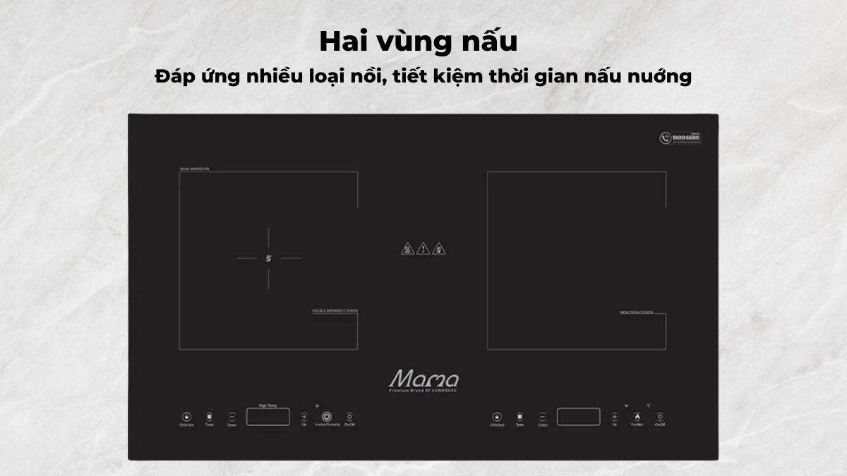 Bếp có hai vùng nấu, giúp người dùng chế biến đồng thời nhiều món ăn
