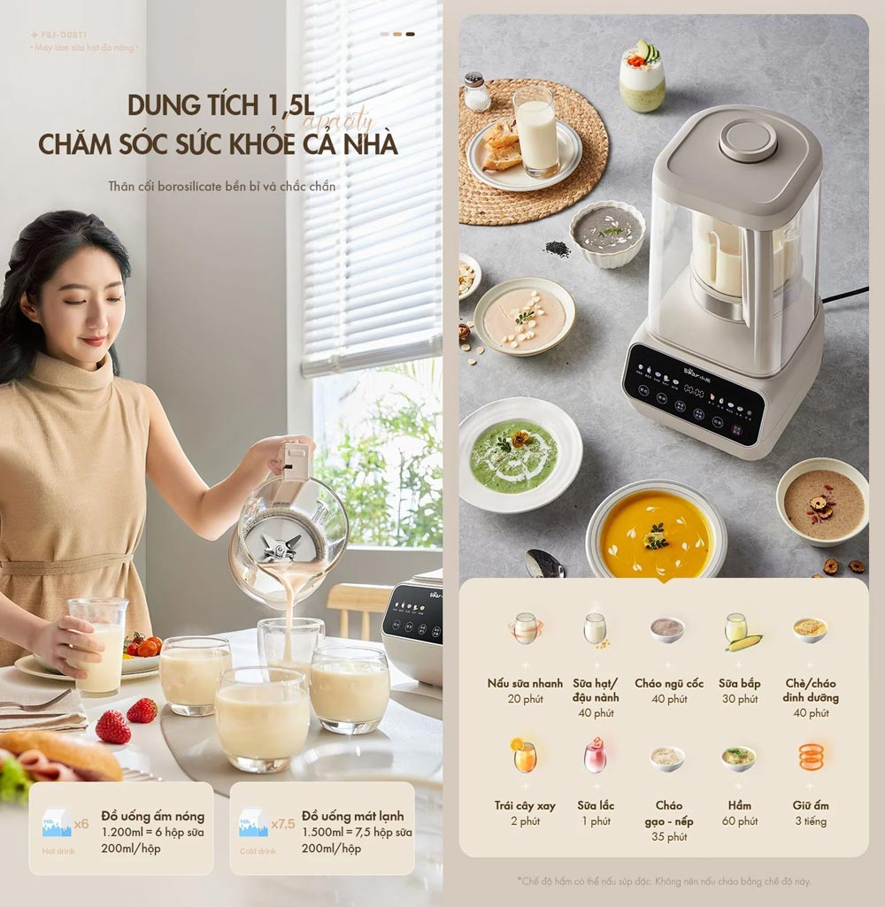 Máy làm sữa hạt Bear PBJ-D08T1 dung tích 1.5 lít