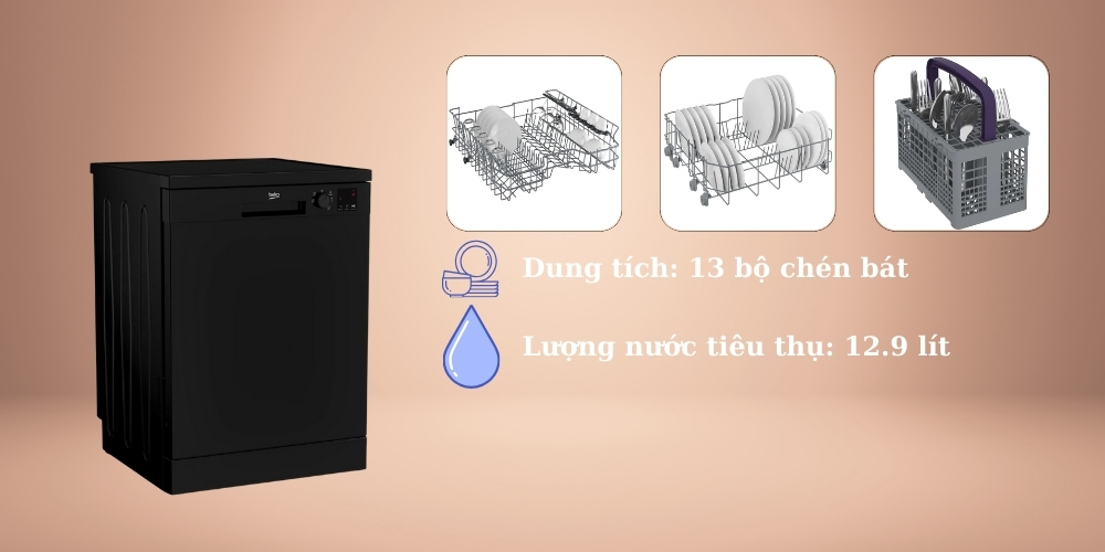 Beko DVN05321B có dung tích 13 bộ chén đĩa và lượng nước tiêu thụ 12.9 lít