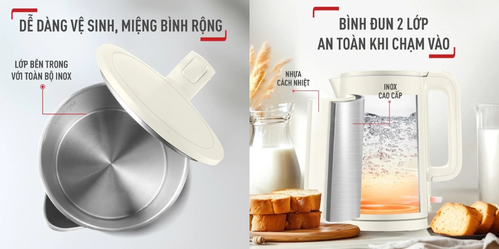 Bình đun bên ngoài nhựa, bên trong inox 304