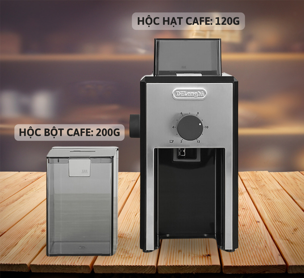 Delonghi KG89 có hộc chứa cà phê và bột có thể tháo rời