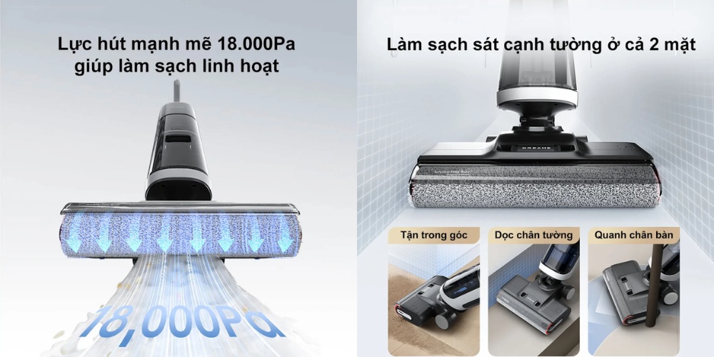 Hiệu suất làm sạch cực đỉnh với lực hút 18.000Pa và tốc độ con lăn 520 vòng/phút