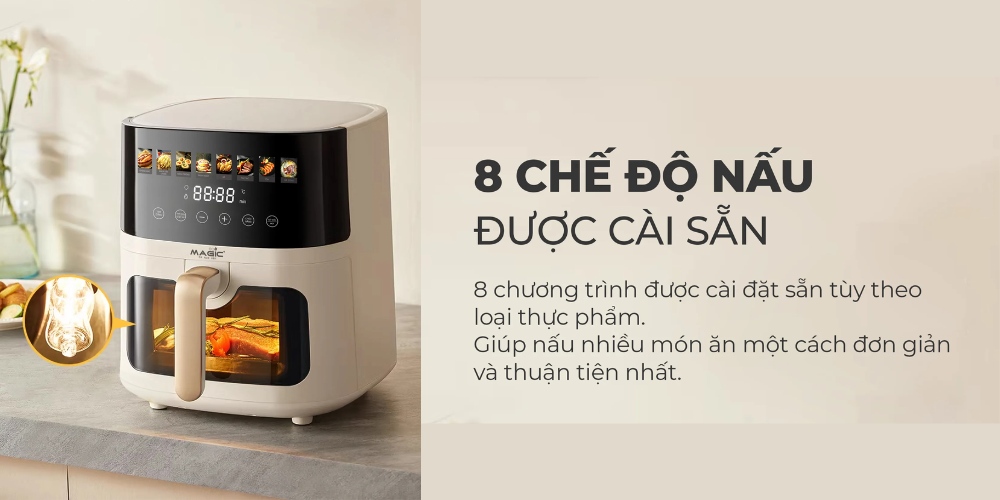 Không cần đoán nhiệt độ và thời gian nấu với 8 chức năng được cài đặt sẵn