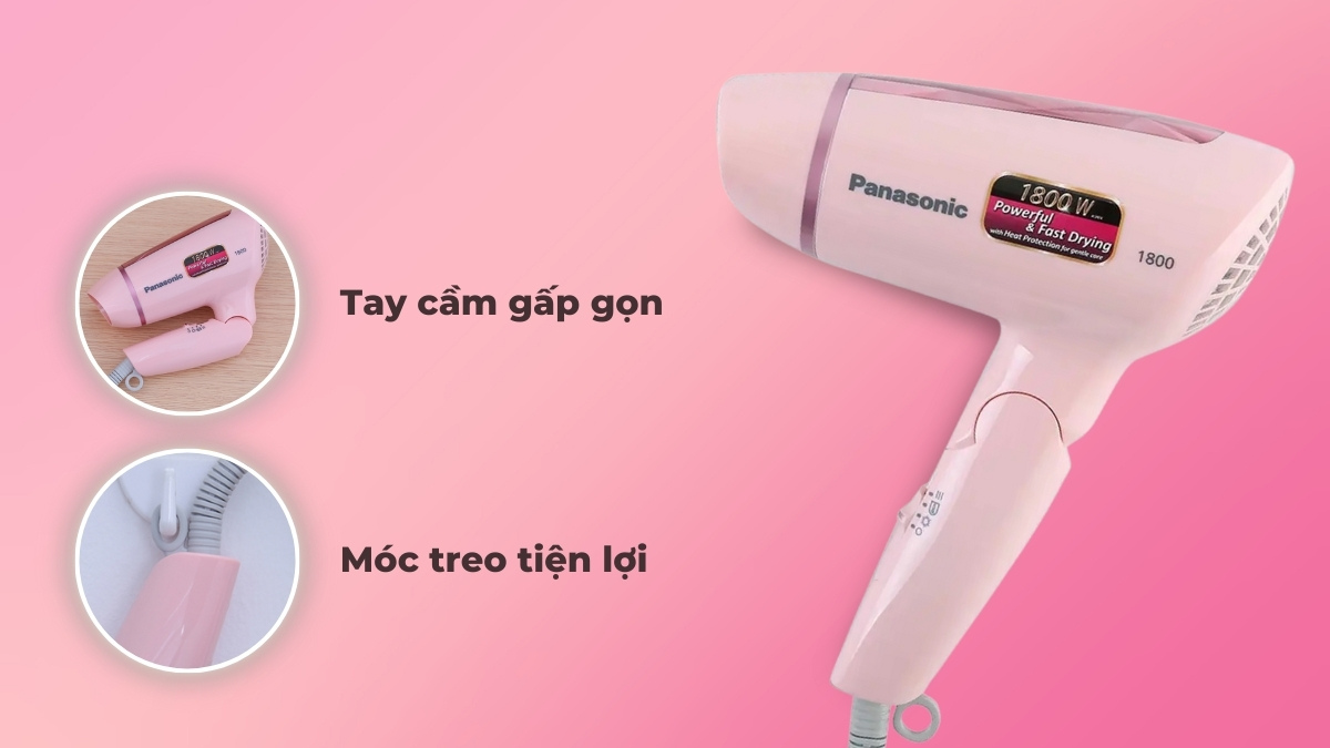 Máy có thiết kế tay cầm gấp gọn, móc treo tiện dụng