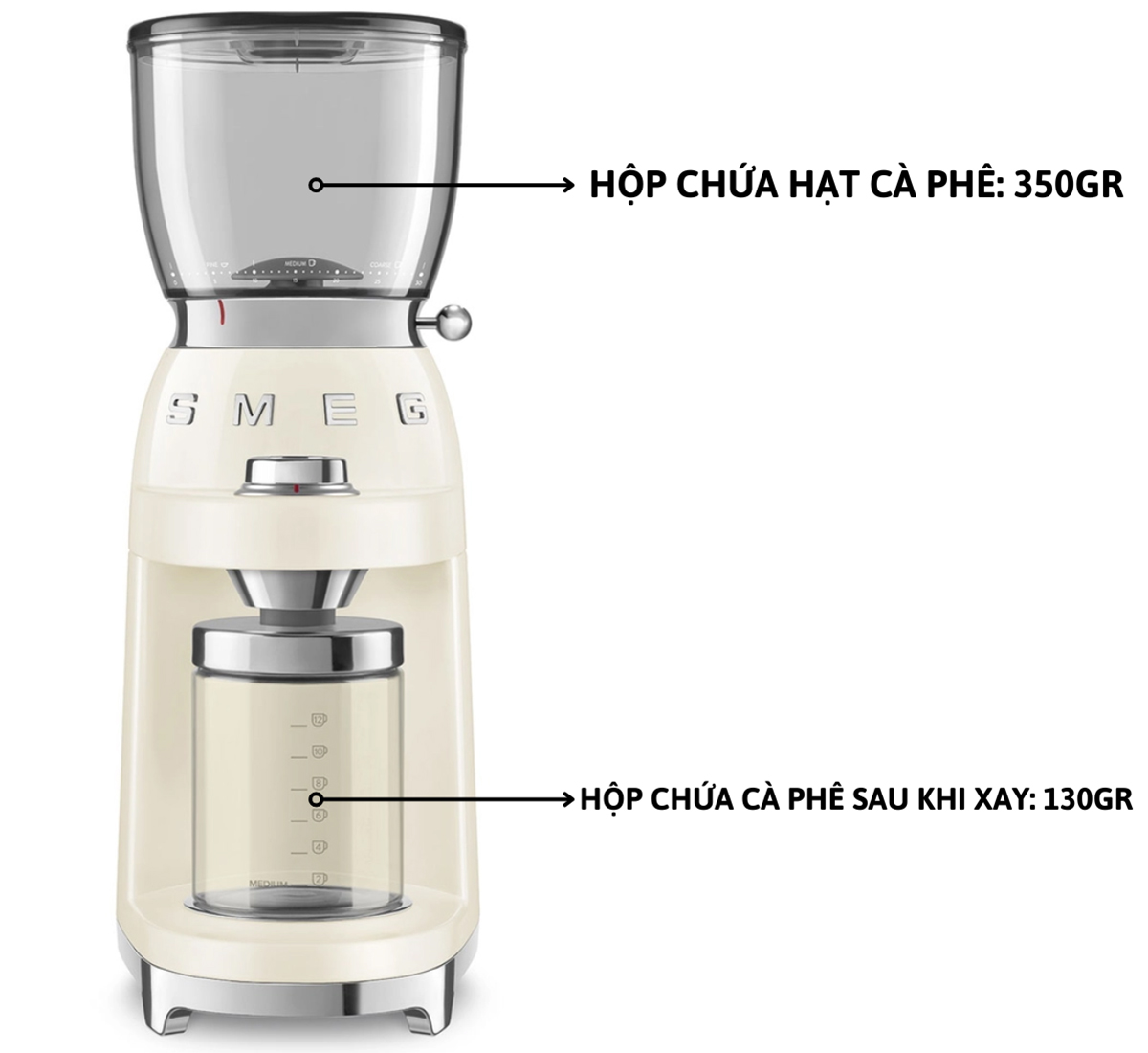 Smeg CGF01CREU dung tích hộp chứa hạt 350gr