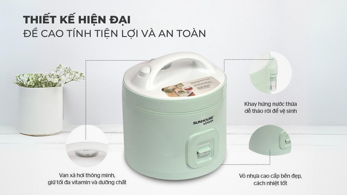 Nồi Cơm Điện Sunhouse Mama 1.2 Lít SHD8265B sở hữu thiết kế hiện đại