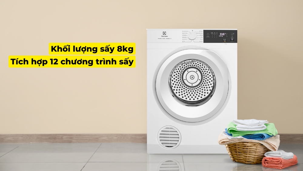 Máy sở hữu khối lượng sấy 8kg và đa dạng chương trình sấy tiện dụng