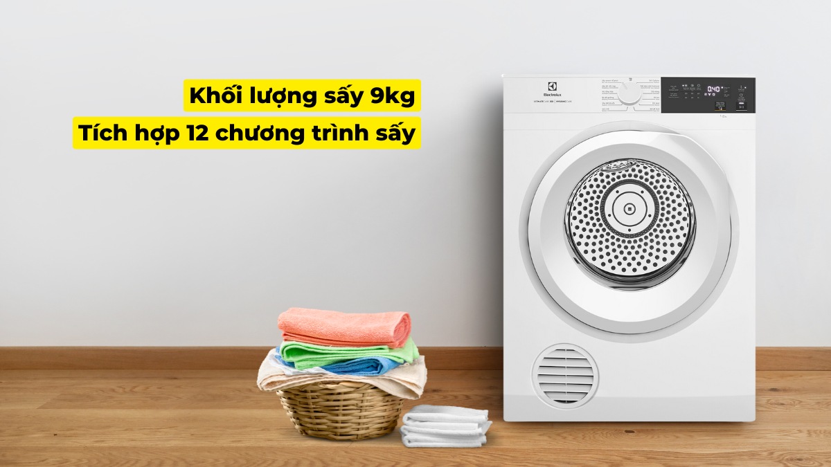 Khối lượng sấy lớn đi cùng với 12 chương trình sấy tiện dụng