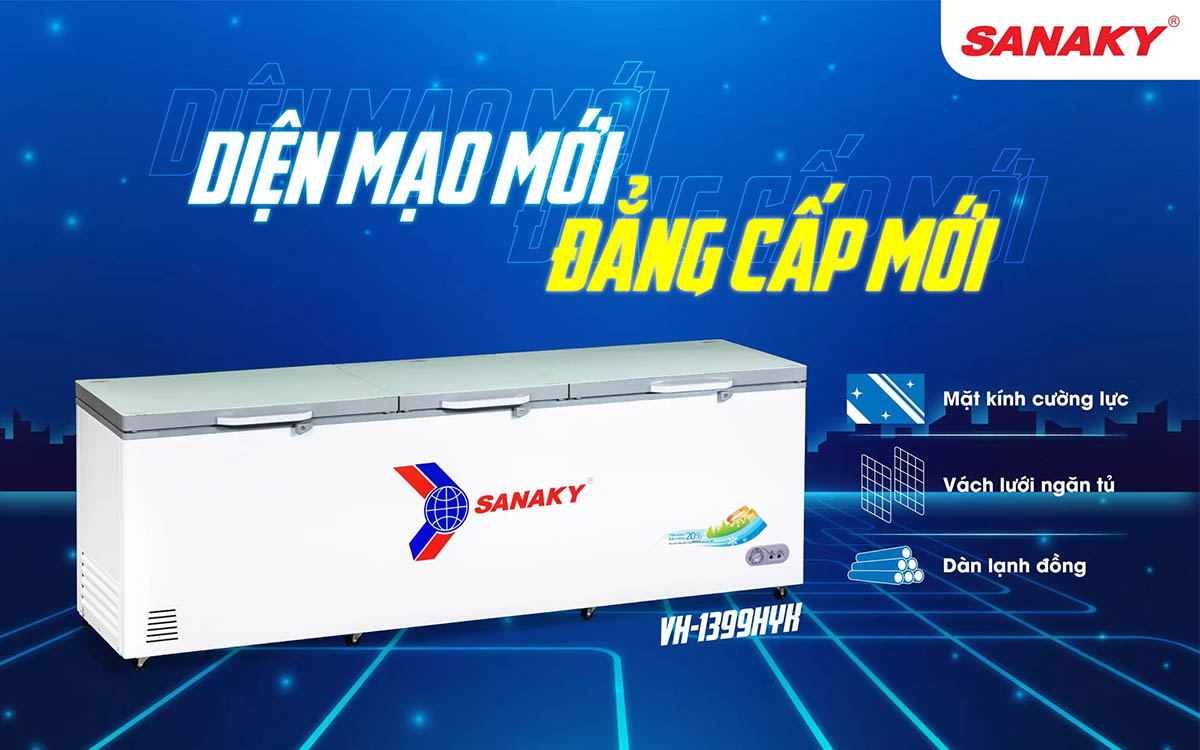 Tủ Đông Sanaky 1143 Lít VH-1399HYK có thiết kế 1 ngăn đông, 3 cánh cửa