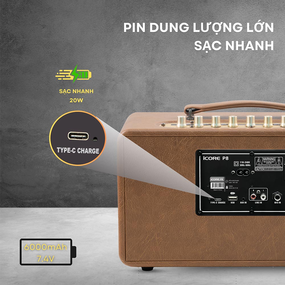 Pin và sạc loa Karaoke xách tay iCore P8