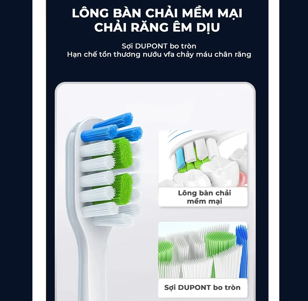 Đầu bàn chải được làm bằng sợi Dupont bo tròn