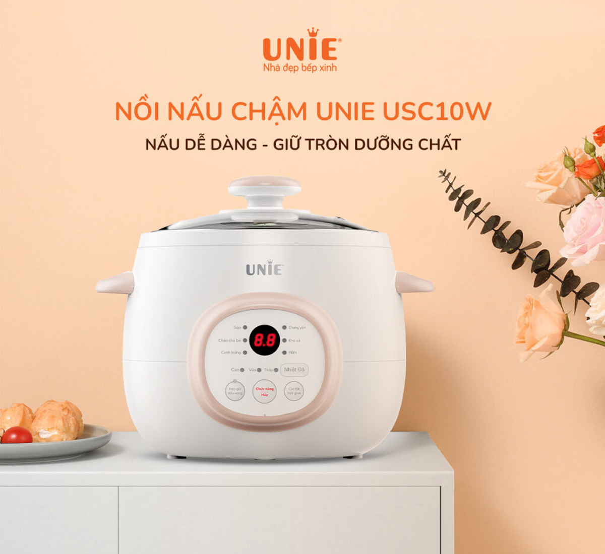 Nồi nấu chậm Unie USC10W thiết kế nhỏ gọn, màu sắc tinh tế