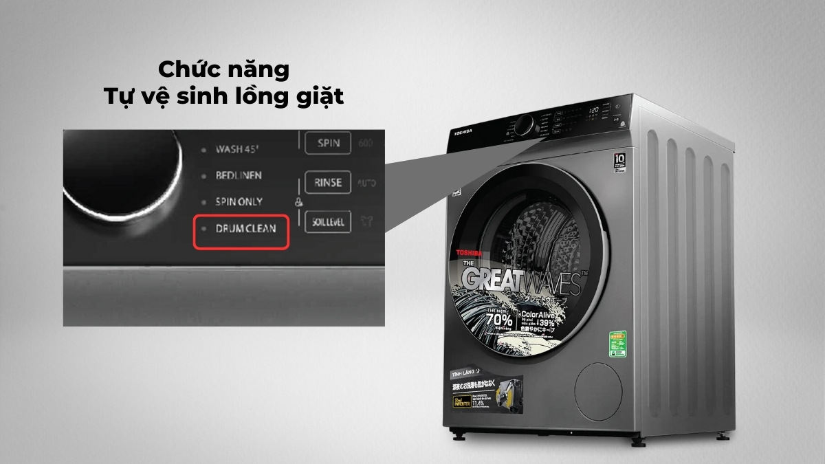 Tính năng tự vệ sinh lồng giặt trên bảng điều khiển máy giặt Toshiba