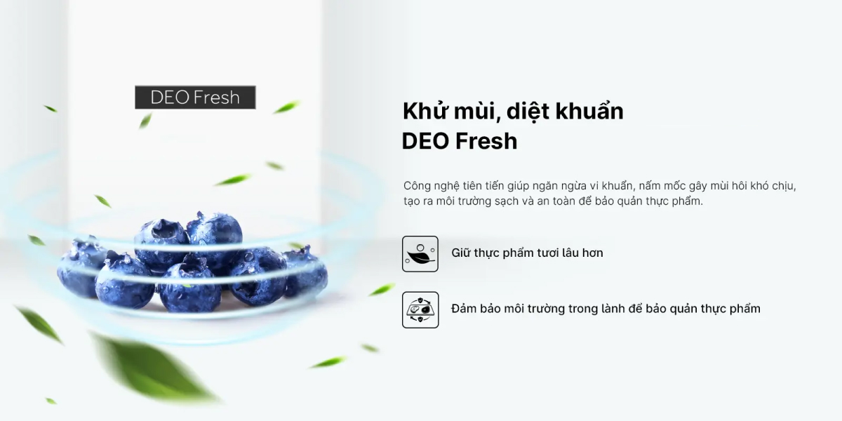 Công nghệ DEO Fresh duy trì không gian tủ lạnh sạch sẽ, trong lành