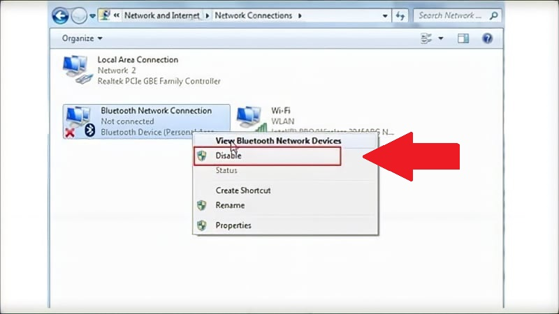 Bạn nháy chuột phải vào “Bluetooth Network Connection” rồi chọn “Disable” để bật hoặc “Enable” nếu muốn tắt.