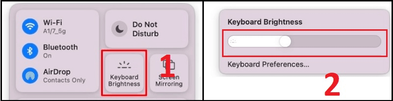 Bạn nhấn vào “Keyboard Brightness” trong “Control Center” rồi kéo thanh điều chỉnh độ sáng đèn bàn phím MacBook.