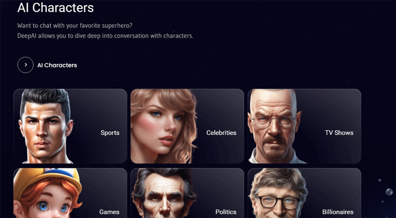 Tính năng tương tác AI Character của DeepAI