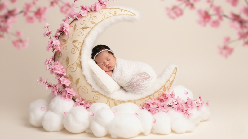 Prompt tạo ảnh newborn cho bé gái với concept hoa anh đào